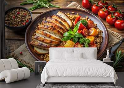 A carefully arranged plate of savory roasted vegetables, hearty grains, and juicy grilled chicken sits atop a rustic wooden table, surrounded by natural textures. Wall mural