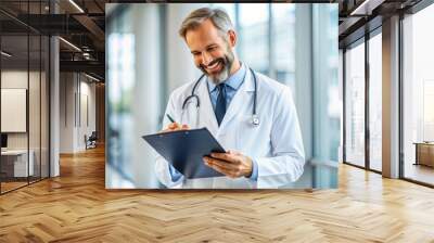 A compassionate doctor in a white coat reviews a patient's medical chart with a stethoscope around their neck, providing exceptional healthcare services with a smile. Wall mural