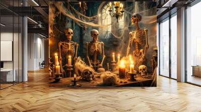 A dimly lit, smoke-filled room filled with skeletons, cobwebs, and flickering candles sets the eerie tone for a hauntingly fun and sinister adult gathering. Wall mural