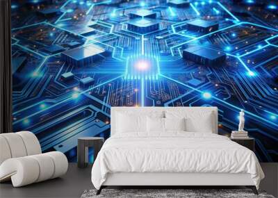 A futuristic circuit board with glowing blue pathways and pulsing lights, symbolizing the fusion of artificial intelligence and automation in modern computing processes. Wall mural