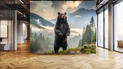 A majestic black bear stands upright on its hind legs, massive paws outstretched, amidst a lush forest backdrop with misty mountains in the distance. Wall mural