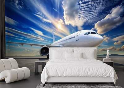 A sleek white commercial airliner with engines and tailfin stands out against a vibrant blue sky with scattered white clouds on a bright sunny day. Wall mural