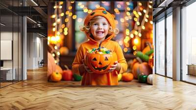 A smiling young trick-or-treater in a bright orange pumpkin costume holds a large bowl of candy, surrounded by spooky Halloween decorations and lights. Wall mural