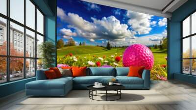 A vibrant pink golf ball sits atop a lush green fairway, surrounded by blooming flowers, under a sunny blue sky with white puffy clouds. Wall mural