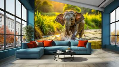 Adorable baby elephant playsfully splashes in a serene watering hole, surrounded by lush greenery and warm sunlight, showcasing its innocence and carefree nature. Wall mural