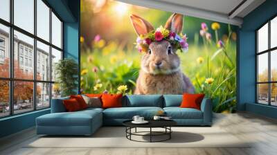 Adorable rabbit wearing colorful flower crown sits serenely in lush green meadow surrounded by vibrant blooms and soft gentle light filtering through grass. Wall mural