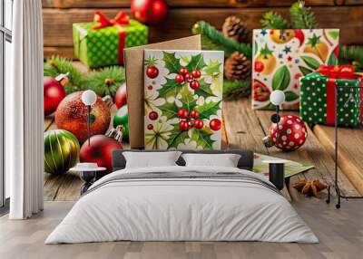 Assorted colorful holiday thank you cards with festive designs, ornaments, and holly leaves, neatly arranged on a rustic wooden table with a few gifts in background. Wall mural