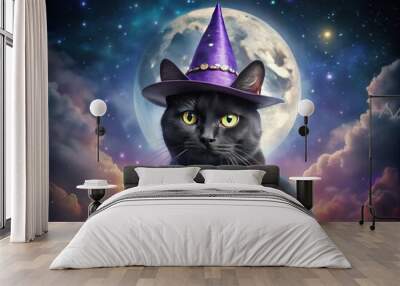 Black cat witch hat mystical night sky Wall mural