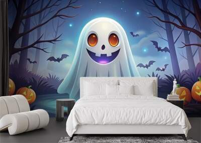 Cartoon Halloween ghost with creepy eyes and spooky atmosphere Wall mural