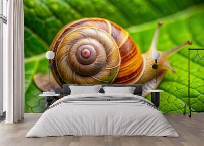 closeup portrait of a snail's shell texture and slime trails on a bright green leaf Wall mural