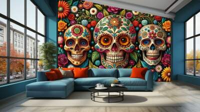 Colorful, intricately detailed illustrations of sugar skulls, surrounded by flowers, vines, and ornate patterns, Wall mural