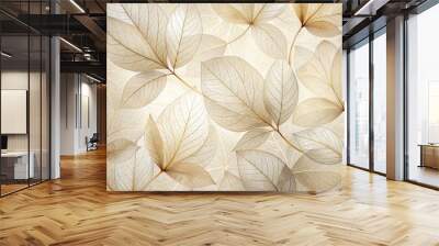 Delicate beige transparent leaves with intricate veins and natural texture blend with soft flower petals, creating a soothing neutral-colored abstract botanical wallpaper. Wall mural