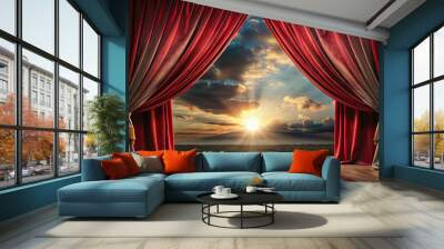 Dramatic red velvet curtain sweeps open to reveal a bright, sunlit background with subtle shadows, evoking a sense of mystery and grandeur. Wall mural