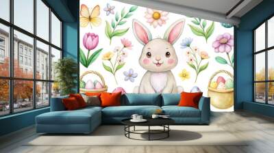 Easter printable illustrations for kids colored filled template digital download flat style pastel watercolor flowers bunny happy spring holiday celebration Wall mural