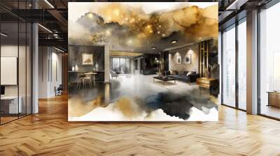 Elegant minimalist black and gold home interior with soft watercolor effect, gentle brushstrokes, and subtle textures, evoking refined luxury and serene sophistication. Wall mural