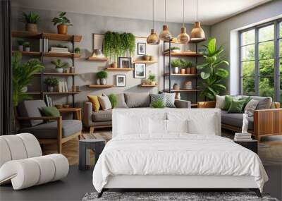 Elegantly styled modern living room features a wooden shelf unit adorned with potted plants, decorative vases, and Wall mural