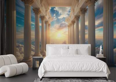 Ethereal 3D scenery featuring majestic classical columns ascending towards a soft, serene pastel sky filled with puffy white clouds and gentle, feathery textures. Wall mural