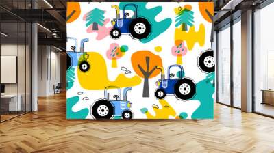 Farm pattern design.Cute tractor  and vehicle ,cute animal on dark background. pattern.tractor pattern design for kids clothing ,card, fabric.tractor truck abstract seamless pattern Wall mural