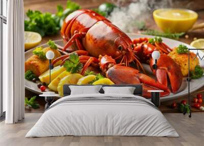 Freshly steamed lobster, garnished with lemon wedges and parsley, sits on a white plate, surrounded by melted butter and steaming hot vegetables. Wall mural