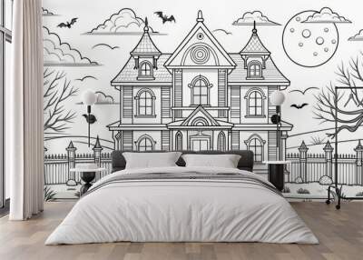 Haunted house coloring page template Wall mural