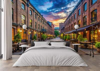 Historic industrial area transformed into trendy entertainment hub, featuring brick buildings, cobblestone streets, and converted warehouses now housing bars, restaurants, and boutiques. Wall mural