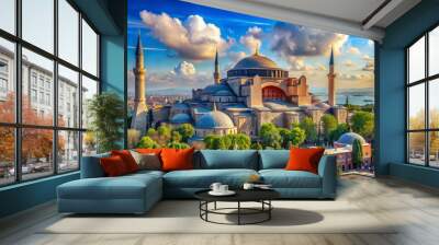 Majestic Hagia Sophia stands tall under vibrant blue skies, surrounded by lush greenery, with the stunning Byzantine architecture and Ottoman influences on full display. Wall mural