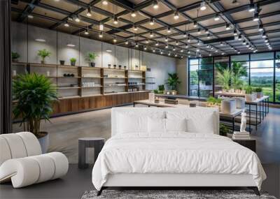 Modern cannabis dispensary interior features open floor plan with sleek framing, polished concrete floors, and shelves stocked with various marijuana products, illuminated by natural light. Wall mural