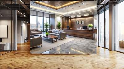 Modern corporate office interior with sleek furniture and contemporary decor, featuring a large reception desk and Wall mural