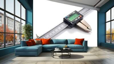 Modern electronic measuring device with flexible ruler and digital display on a white background, ideal for precision measurement and engineering applications. Wall mural