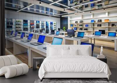 Modern electronics store with rows of laptops, desktops, and smartphones on display, surrounded by shelves stacked with computer accessories and peripherals. Wall mural