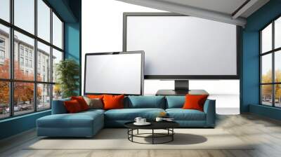 Modern flat screen television and computer monitor displays with blank white templates on screens, isolated on a white background, ideal for content placement. Wall mural