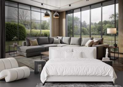 Modern square-shaped living room with sleek grey sectional sofa, glass coffee table, and minimalist decor, surrounded Wall mural