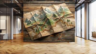 Old folded paper map with creases and tears, spread out on a worn wooden table, revealing a detailed illustration of a scenic mountainous place. Wall mural