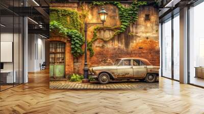 Retro-style automobile parked in front of a distressed, worn-out brick wall with faded paint, adorned with old-fashioned street lamps and overgrown with vines. Wall mural