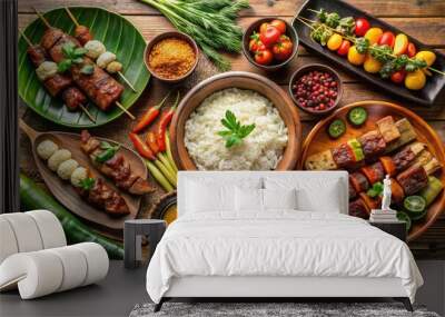 Savory Filipino dinner spread featuring steaming rice, grilled pork barbecue, and vibrant vegetable dishes, arranged on a rustic wooden table with traditional utensils. Wall mural