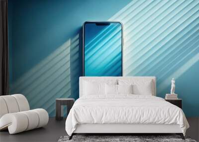 Serene background image featuring a modern smartphone display with a calming blue wallpaper, placed on a clean surface, surrounded by subtle shadows and soft natural light. Wall mural