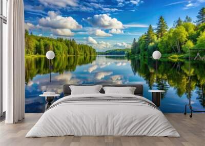 Serene Minnesota landscape features a tranquil lake surrounded by lush green forests, reflected perfectly in the calm water under a clear blue summer sky. Wall mural