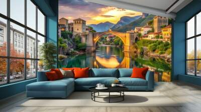 Serene morning view of the iconic Stari Most medieval bridge spanning the Neretva River, surrounded by historic architecture in Mostar, Bosnia and Herzegovina. Wall mural