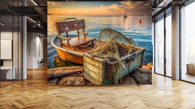 Serene ocean scene with weathered fishing net, rusty tackle box, and empty boat seat, conveying a sense of solitude and anticipation on a fishing trip. Wall mural