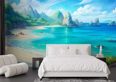 Serene tropical bay with turquoise water, soft white sand beach, and majestic rock formations basks in warm sunlight with infinite blue horizon. Wall mural