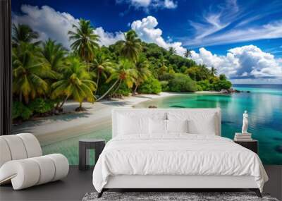 Serenene tropical island getaway with lush greenery, crystal-clear waters, and powdery white sand beach, perfect for relaxation and rejuvenation after a long journey. Wall mural