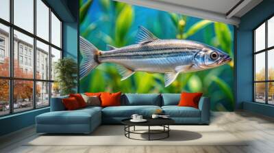 Small silver-colored salmon smolt fish with vertical stripes swims in clear blue water against a blurred aquatic plant background with gentle ripples. Wall mural