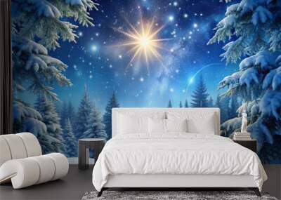 Snowflakes gently fall on a serene winter night landscape, casting a peaceful silence over a frosty forest, with snow-laden fir branches stretching towards the stars. Wall mural