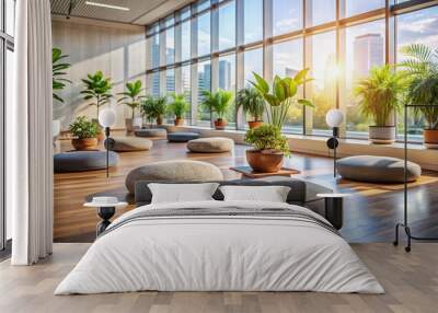 Soothing atmosphere in modern office space with meditation cushions, calming plants, and gentle natural light, promoting relaxation and focus in corporate wellness program. Wall mural