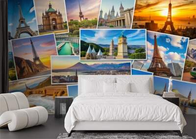 Travel destinations and landmarks set against a table background   perfect for the travel industry Wall mural