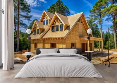 Under-construction L-shaped wooden house with gabled dormer roof, OSB plywood sheeting envelope, and frame truss beam in suburban Atlanta, Georgia, amidst new development. Wall mural