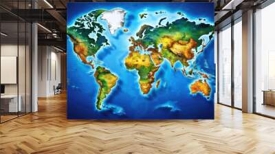 Vibrant, highly detailed illustration of a world map with clearly labeled countries, oceans, and geographical features, illuminated against a deep blue background. Wall mural