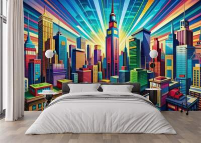 Vibrant, stylized comic book-inspired cityscape with bold lines, bright colors, and dynamic textures, capturing the energy and excitement of a bustling metropolis. Wall mural