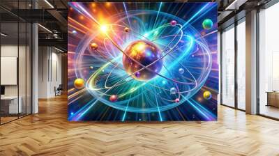 Vibrant 3D illustration of an ion symbol surrounded by swirling electrons and protons, blending science and art in a mesmerizing, futuristic visual representation. Wall mural