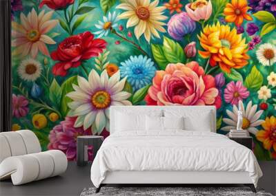 Vibrant abstract hand-drawn flowers in acrylic paint create a seamless vintage-inspired seamless pattern, capturing the essence of spring on a nature-inspired floral background. Wall mural